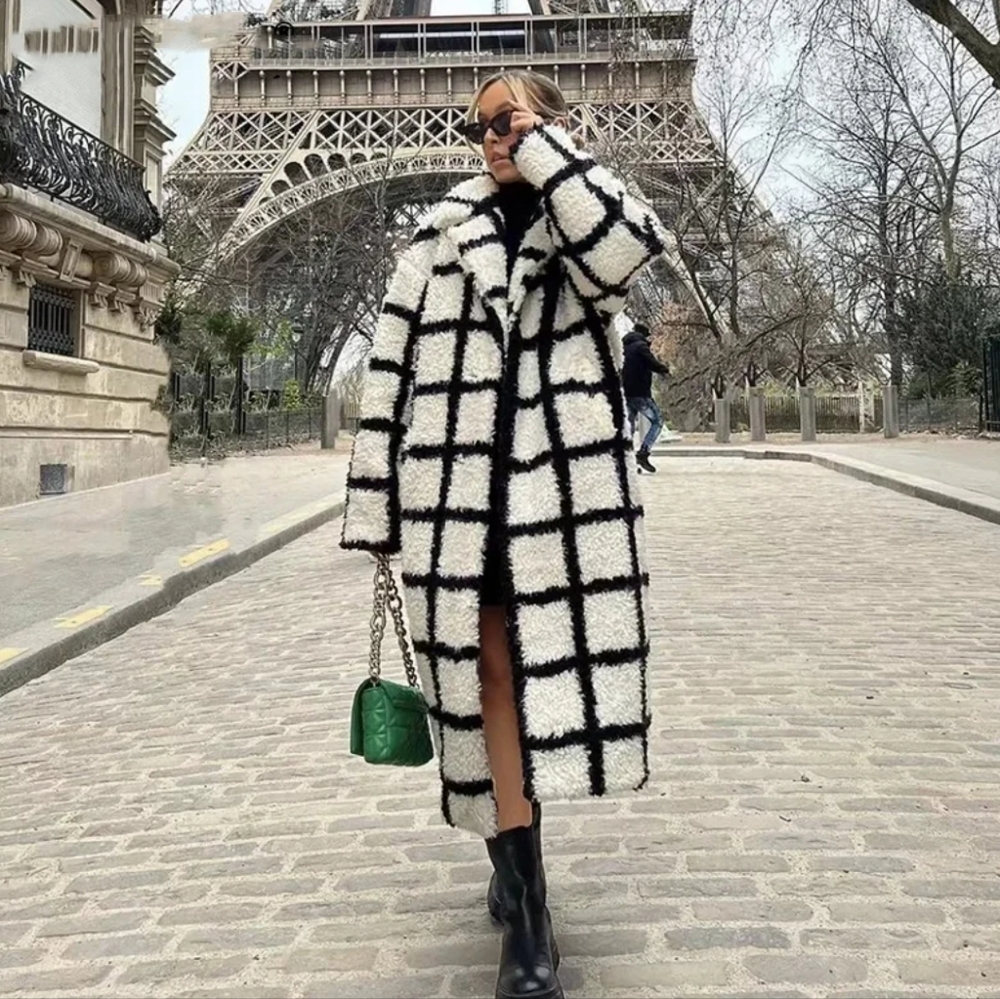 Chic Coats Fashion Long Plaid Faux Fur Jacket Coat Women - Picture 1 of 9